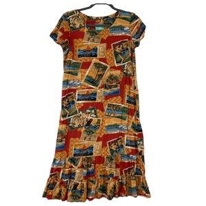 Reyn Spooner burnt orange aloha Hawaii stamp dress. Size XS